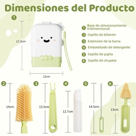 Kit de Cepillos para Biberones 6 en 1, Limpiador de Botellas con Cepillo para Tetinas, Pajillas y Dispensador de Jabón, Set Portátil para Bebés