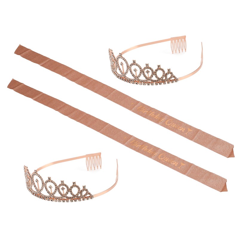 2 Sets Bridal Sash Rhinestone Tiara Kit Shiny Rose Gold