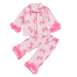 Toddler Girls Satin Pajamas Outfits Feather Trim Long Sleeve Bow Print Lapel Button Down Sweatshirt Top with Elastic Pants Sets 2Pcs Kids Sleepwear Clothes for Little Girls (Pink, 2-3 Years)