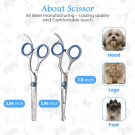 Dog Grooming Scissors Set with Safety Round Tip, Curved Pet Cat Hair Cutting Trimming Grooming Shears, Also Include Thinning Scissors & PU Leather Pouch (Stainless Steel)(6 Inches)(Chrome) (2 Pieces)