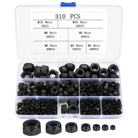 310 Pcs Nylock Nuts, Self Locking Nuts, Nylon Insert Lock Nuts, Carbon Steel Black Hex Nuts, Thread Hexagon Nuts with Nylon Inserts for Bolts Screws Components, M3 M4 M5 M6 M8 M10 M12