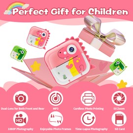 TOYOGO kids camera instant print,1080P HD Digital Camera With 32G SD Card,24MP Photography and selfies,Toddler Portable Camera Toy Age 3-14,Birthday for 3-14 Year Old Girls Boys-Pink