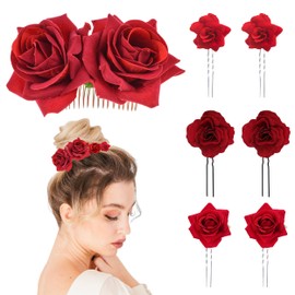 JIEYUMAO 7Pcs Rose Flower Hair Clips, Artifical Red Rose Hair Clip for Women, Elegant Rose Flower Hair Comb Rose Brooch Floral Clips Roses Flower Hair Barrette Hair Accessories for Wedding Party