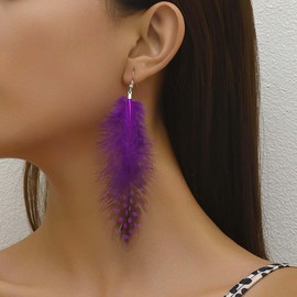 Iaceble Punk Long Feather Tassel Earrings Purple Feather Dangle Earrings Natural Feather Earrings Tassel Feathers Drop Earrings Indian Ethnic Earrings Jewelry for Women