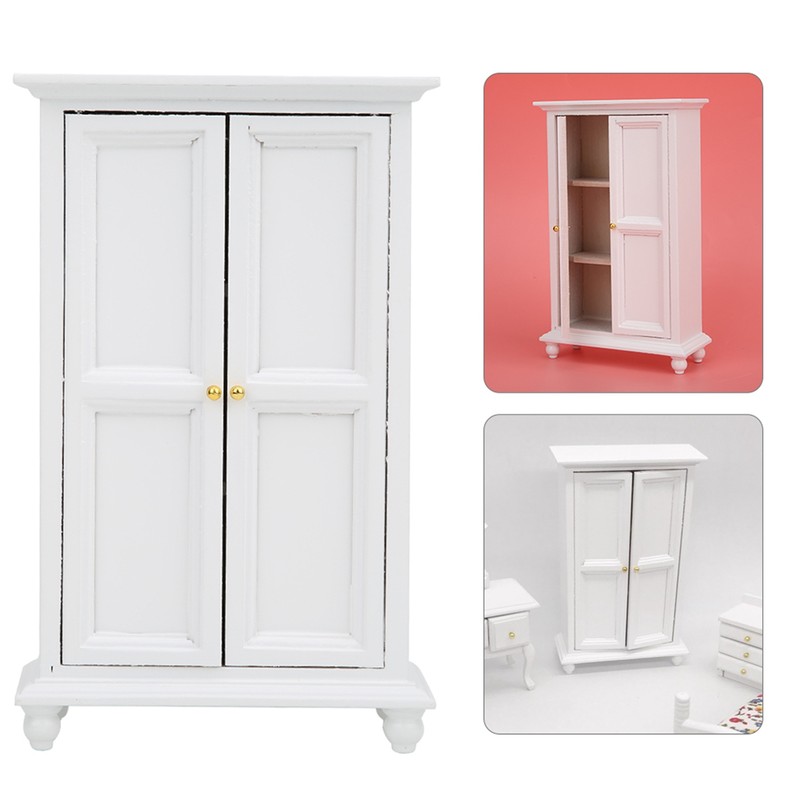 Miniature Doll House Wardrobe White Wooden Double Door Household Closet