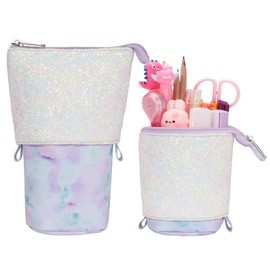 BrainyBees Standing Pencil Case Girls - Telescopic Pouch for Kids, Cute Kawaii Pencil Case for Girls, Big Capacity Stand Up Pencil Pouch for Kids, Tie-dye Purple