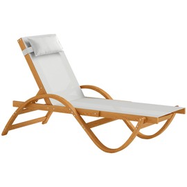 Outsunny Larch Wood Lounge Chair, 4-Level Adjustable Tanning Chair, Full Flat Patio Lounger with Mesh Seat, Outdoor Sun Chaise for Patio Beach, Cream White