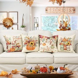 YCOLL Autumn Cushion Cover, 50 x 50 cm, Set of 4 Cushion Covers, Autumn Pumpkin Decorative Sofa Cushion, Linen Cushion Covers, Autumn Decoration, Outdoor Pumpkin Cushion for Bedroom, Living Room