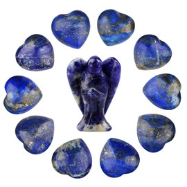 mookaitedecor Sodalite Crystal Guardian Angel Ornament & Lapis Lazuli Puffy Heart Healing Crystals Love Stone,Palm Worry Stones