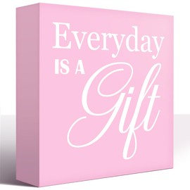 LVQHI Pink Decor For Desk, Everyday Is A Gift Sign Wood Box,Inspirational Desk Decor For Women, Small Motivational Home Bedroom Table Accessories Decoration Signs 5"x5"x1.2" In