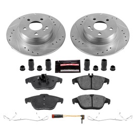 Power Stop K5625 Rear Z23 Carbon Fiber Brake Pads with Drilled & Slotted Brake Rotors Kit and 1 Rear Sensor Wire