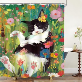 LIGHTINHOME Vintage Cat Shower Curtain 60Wx72H Inches Cute Flower Green Leaf Oil Painting Floral Wildflower Botanic for Girls Women Cloth Fabric Waterproof Polyester Bathroom Home Decor Set with Hooks