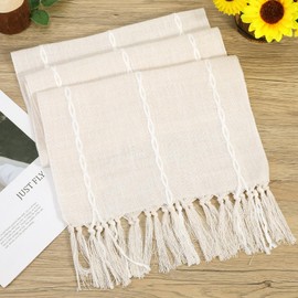 Boho Table Runner, Rustic Farmhouse Cotton and Linen Table Runner with Hand-tassels, Elegant Kitchen Table Runner for Daily Dining Bedroom Decor and Event Holiday Party Decor 13×72 inches, Beige