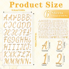 6 Sheets 3D Puffy Gold Letter Stickers, 316 Pcs Alphabet Number Stickers
