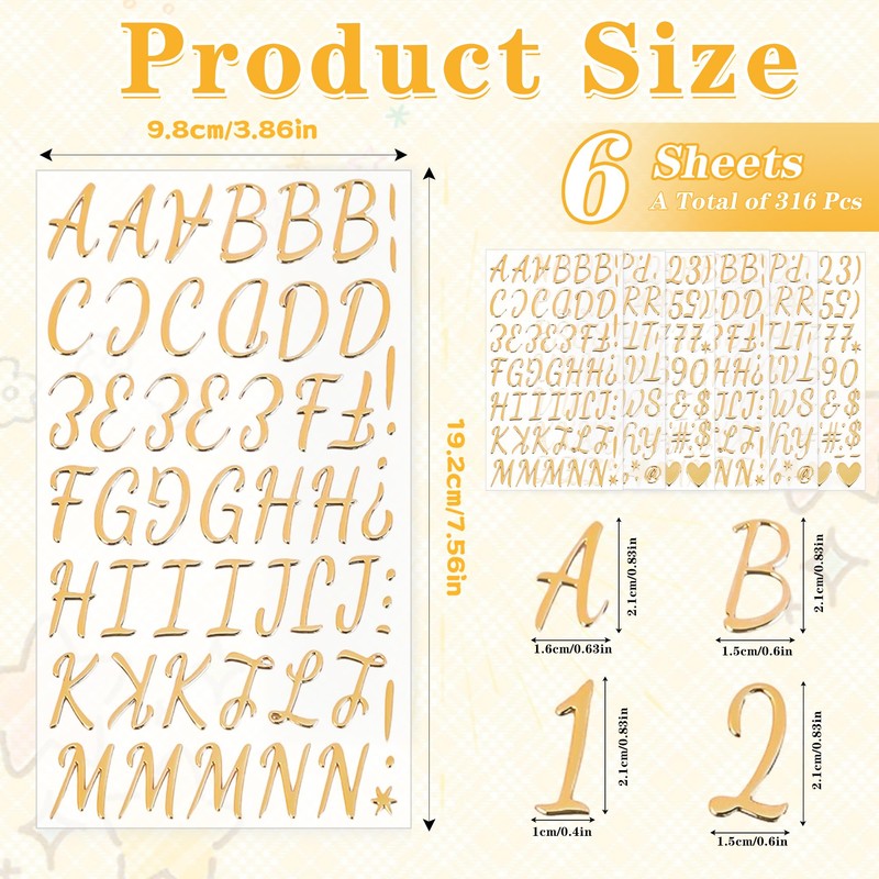 6 Sheets 3D Puffy Gold Letter Stickers, 316 Pcs Alphabet