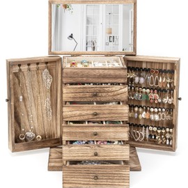 Emfogo Wooden Jewelry Box for Women, 6-Tier Large Jewelry Organizer Boxes with Mirror Rustic Solid Wood jewlery Storage Display for Rings Earrings Necklaces Bracelets watches(Carbonized Brown)