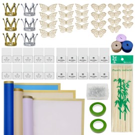 Woohome Bouquet Wrapping Paper Kits, 60 Sheet Flower Bouquet Wrapping Paper Floral Wrapping Paper with 3D Butterfly Decor Diamond Pins Ribbons Crowns for Florist Wrap - Purple Blue Champagne