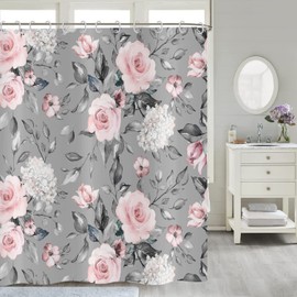 Hnmdmyi Floral Shower Curtain 180x200, Pink Grey Flower Shower Curtains Elegant Vintage Blossom Watercolor Roses Bathroom Curtains with Hooks Waterproof Polyester Fabric Washable Bath Curtains