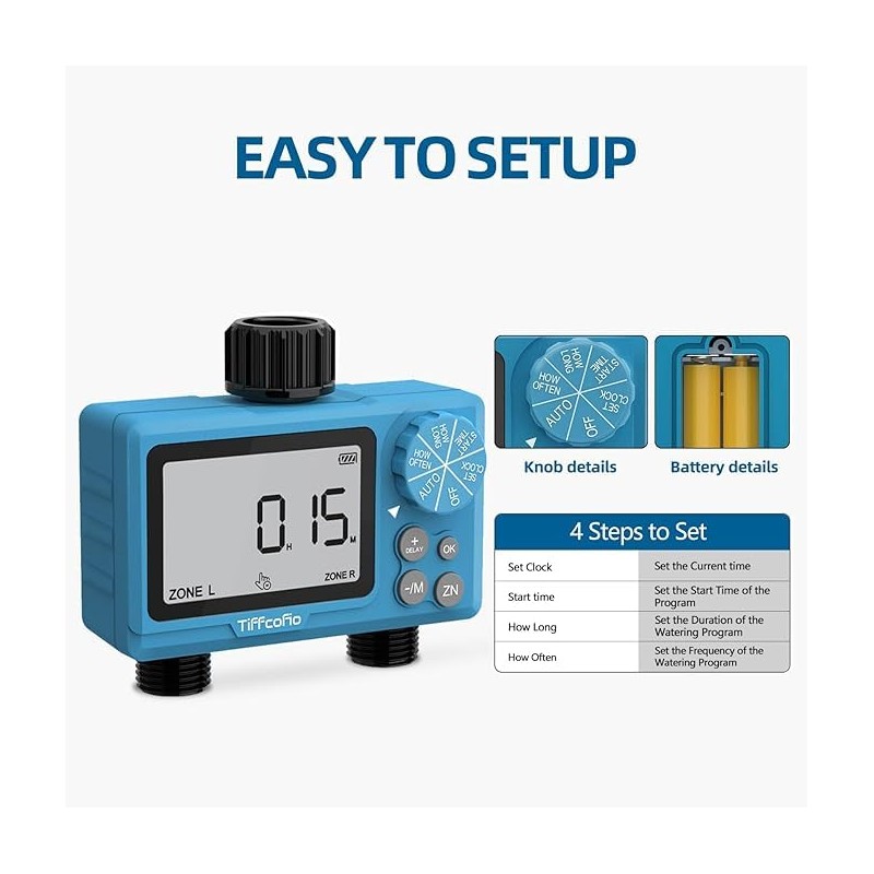 TiFFCOFiO Sprinkler Water Timer Outdoor, 2 Outlets Digital Pogrammable for