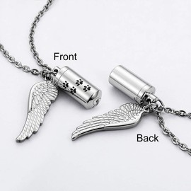 abooxiu Cylinder Cremation Necklace for Pet ashes Urn Necklace with Angel Wing Pet Paw Ashes Necklace for Dog/Cat Pet Memorial Keepsake Jewelry
