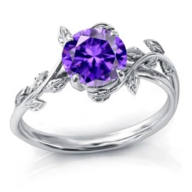 Wasee Sterling Silver Amethyst Leaf Ring, Size 7, Round, Birthstone for February, 1.5ct Amethyst, Prong Setting