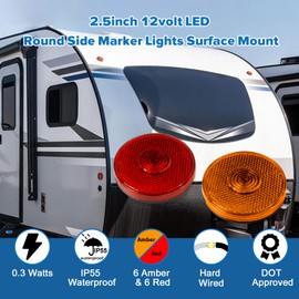 Dream lighting 12V DC 2.5inch Round LED Side Marker Lights for Automotive RV Trailer Truck Clearance Indicator Front/Rear Side - 6 Amber & 6 Red Lights