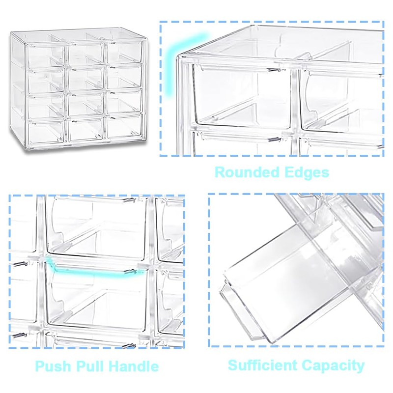 Clear Acrylic Desk Organizer with 12 Mini Stackable Drawers -