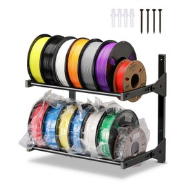 AHOWPD Wall Mount Filament Storage Rack- Wall Mount 3D Printer Filament Storage Rack 2 Tier Filament Spool Holders Racks, Heavy Duty Metal Shelf for PLA/ABS/TPU, Filaments Organzied (Black)