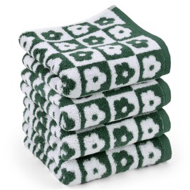 Hand Towels Checkered Floral - Set of 4 Soft Face Towels for Bathroom, Cotton Terry Towel for Kitchen Spa Gym 13” x 29”, Hunter Green