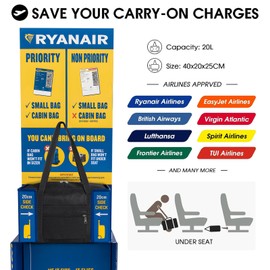 CNMTCCO for Ryanair Cabin Bag 40x20x25 Underseat Small Cabin Bag with Shoulder Strap Foldable Travel Bag Waterproof Holdall Bag Carry on bag Hand Luggage Bag for Men and Women (Black)