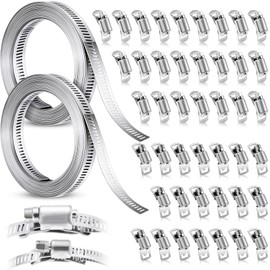 Blulu 32.8 ft Hose Clamps DIY Metal Strapping with Holes + 48 Fasteners Stainless Steel Hose Clamp Assortment Kit Adjustable Large Worm Gear Band for Pipe, Duct, Pole, Tube