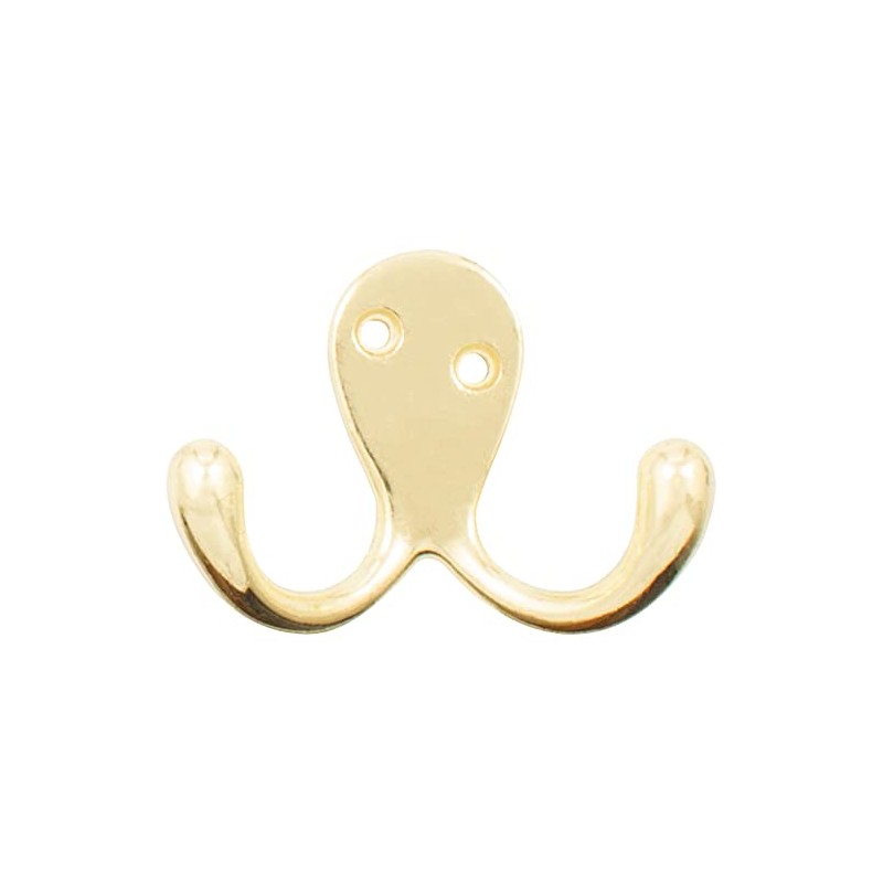Double Robe Hook, 2-1/8" High, 1" Projection, Polished Brass by