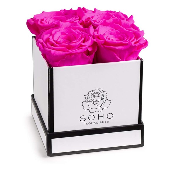 Soho Floral Arts | Roses in A Box | Genuine Roses that Last for Years (White Square 4ct, Radiant Pink) | Mothers Day Gifts