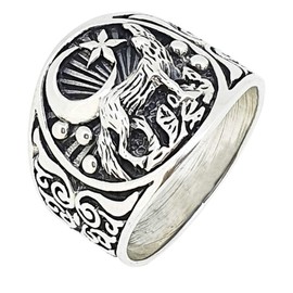 Treasure Bay 925 Sterling Silver Ring For Men and Women Howling Wolf and Crescent Moon Detailing (N)