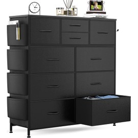 Lulive Dresser for Bedroom with 10 Drawers, Chest of Drawers with Side Pockets and Hooks, PU Storage Dresser, Organizer Unit for Living Room, Hallway, Closet (Black)