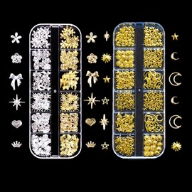Gold Silver Star Bows Nail Charms, 2 Boxes Metal Nail Art Decoration, Alloy Glitter Stones Nail Gemstones Decoration for Nail Design Accessories (Gold + Silver A)