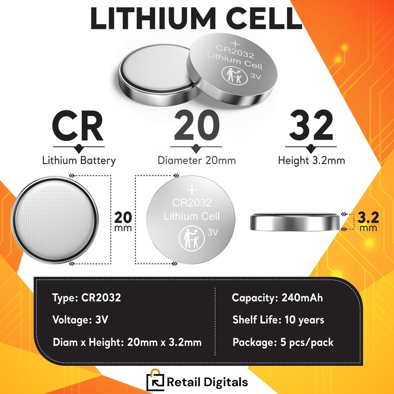 Retail Digitals CR2032 3V Premium Lithium Battery | 15-Pack |
