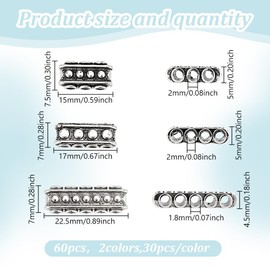 GOMAKERER 60 Pcs 6 Styles 2 Colors Multi Hole Metal Bar Spacers Links, Tibetan Style Rectangle Spacer Bar Link Connectors Multi Strand Separator for Jewelry Making