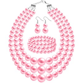 WINSENET Pearl Jewelry Set for Women Pearl Necklace Earrings Bracelet Set for Wedding Birthday Party Pink