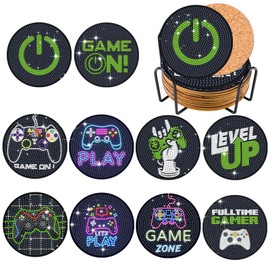 KRUCE 10 PC Games Theme Diamond Painting Coasters, Diamond Art Coaster with Holder Tea Cup and Cork Mat for Beginners Children Adults Art Craft Accessories