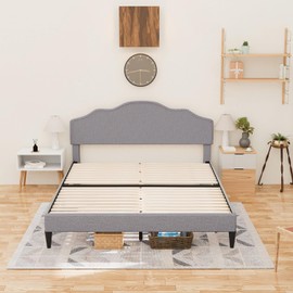 PayLessHere Upholstered Platform Bed Frame/Fabric Upholstered Mattress Foundation/Wooden Slats Support Platform Bed Frame with Headboard/No Box Spring Needed/Noise-Free for Home Bedroom(Queen)