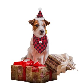 Christmas Dog Bandana Hat Bow tie Set - Classic Plaid Pet Scarf Triangle Bibs Dog Christmas Costume Decoration Accessories for Medium Large Dogs Pets (Red, One Size)