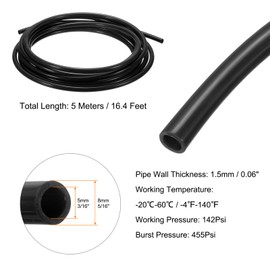 sourcing map Pneumatic Tubing Pipe Pu Hose 8mm OD x 5mm ID 5 Meters(16.4 FT) Air Compressor PU Polyurethane Line Hose Tube for Air Compressor Water Fluid Transfer, Black