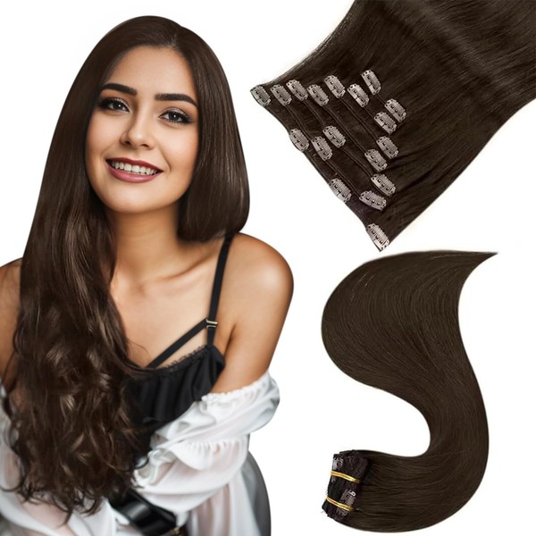 Easyouth Remy Real Hair Clip-In Extensions Clip Colour Darkest Brown 16 Inches 7 Pieces 120 g Double Weft Clip-In Hair Extensions Real Hair