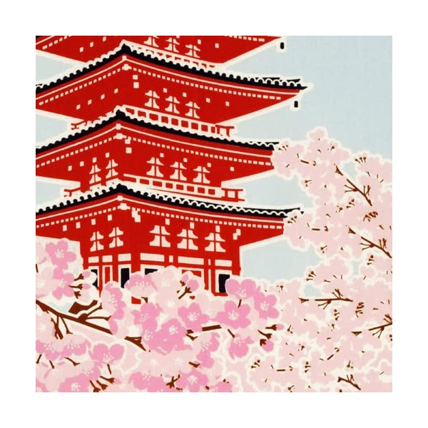 Somenoanobo Tenugui "Five Storied Pagodas to Cherry Blossoms", 100% Cotton, Made in Japan, 13.8 x 39.4 inches (35 x 100 cm)