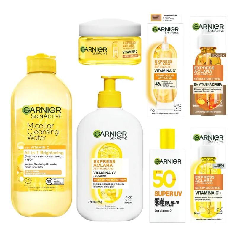 Kit Vitamina C 7p: Agua+sérum+noche+crema+limpiadora+ojos+uv