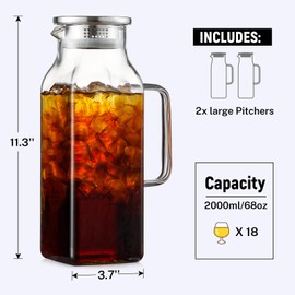 Netany 3 Pack 2 Liters/68 oz Square Glass Pitcher with Lid and Handle for Fridge, Iced Tea and Coffee Carafe Beverage Serveware, Heat Resistant Borosilicate Water Jug for Hot/Cold Drinks and Milk