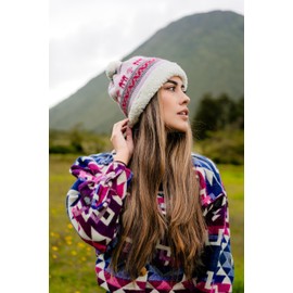Alpaca Beanie for Men & Women, Alpaca Wool Winter Hat with Sheepskin Interior Coverage, Stylish Comfortable made by Otavalenos Artisans from Ecuador. (Pink, Varicolored)