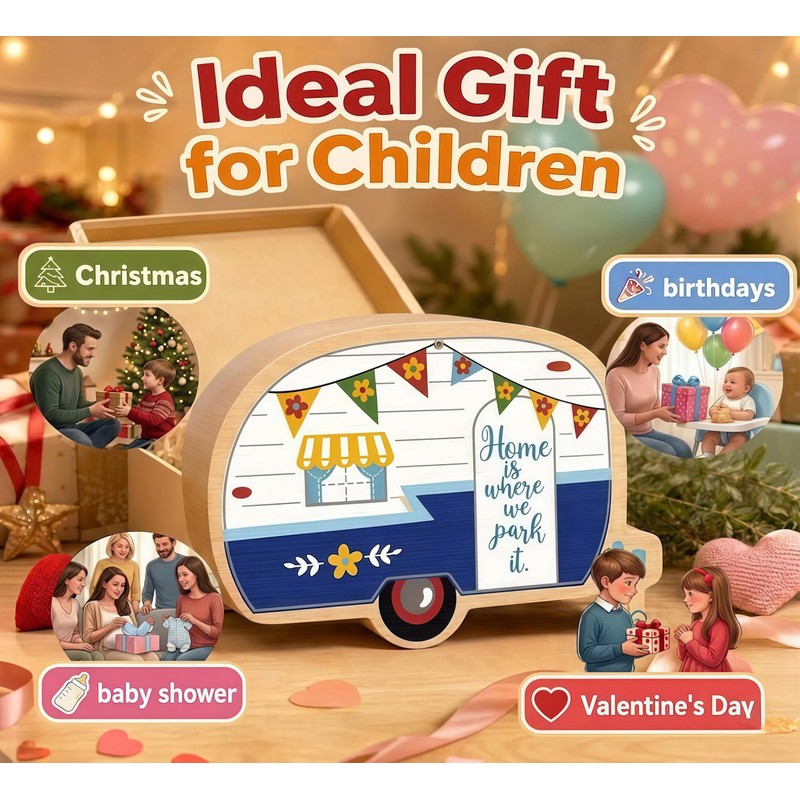 Unique RV Piggy Bank for Kids, Boys and Girls, Wooden