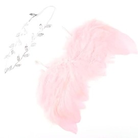 Nishine Pink Newborn Fuzzy Feather Angel Wings + Headband Set for Baby Cosplay Girls Costume Photography (silver leaf)